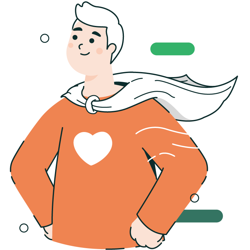 Illustration d'un homme avec une cape, et un pull sur lequel il y a un coeur